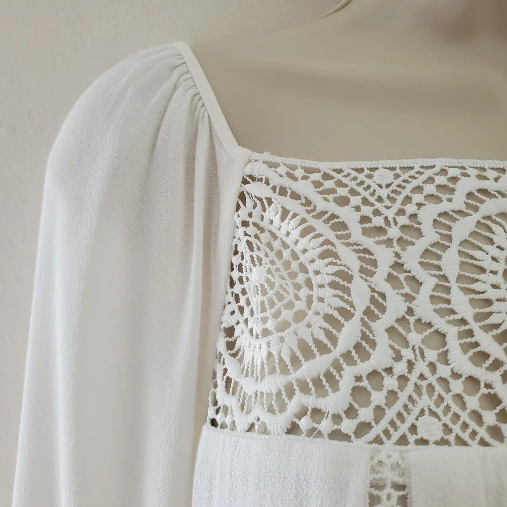 S Joie Square Neck White Peasant Dress Crochet Lace Trim Long Sleeve Mini Short